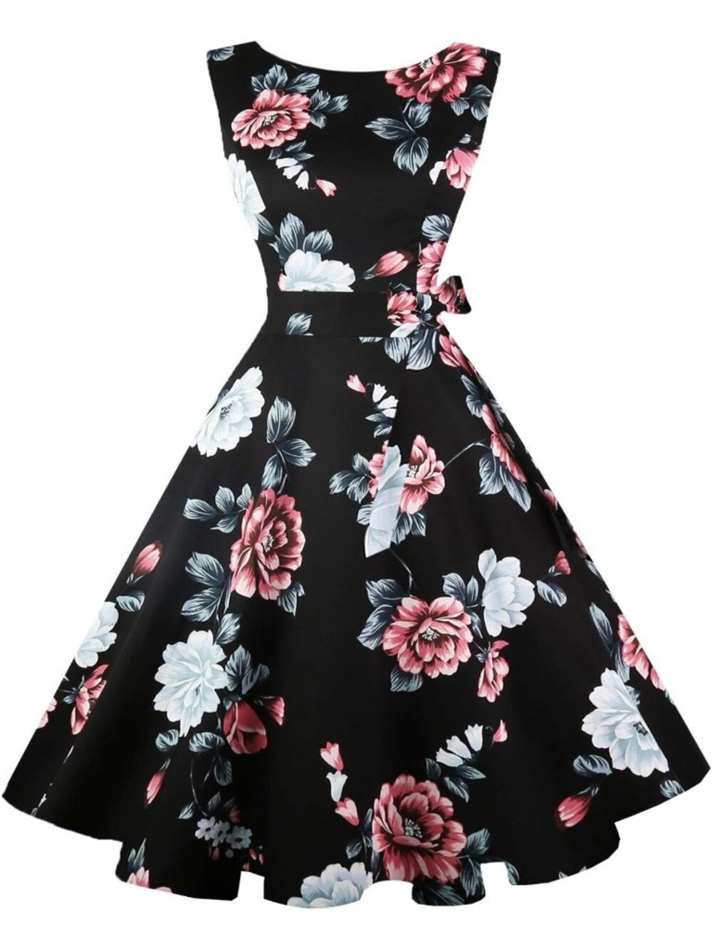 Women's Black Peony Boat Neck Sleeveless Western Zipper Cocktail Maxi Dress